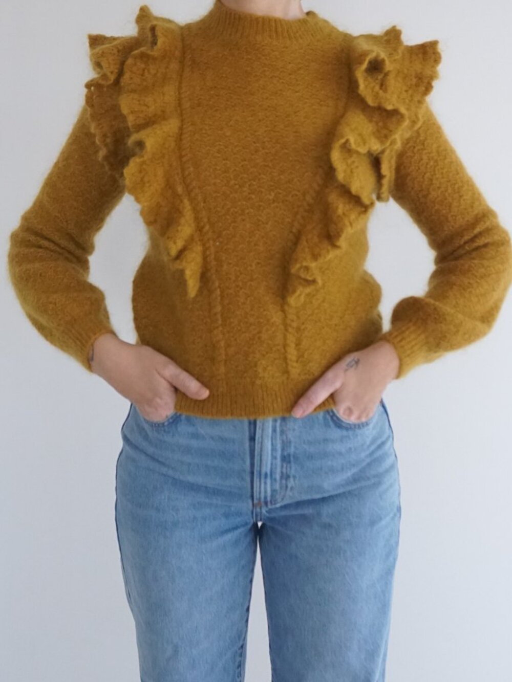 Sezane Elsa Jumper Mustard Ruffle Trim Textured Fuzzy Knit Wool Blend Sweater M